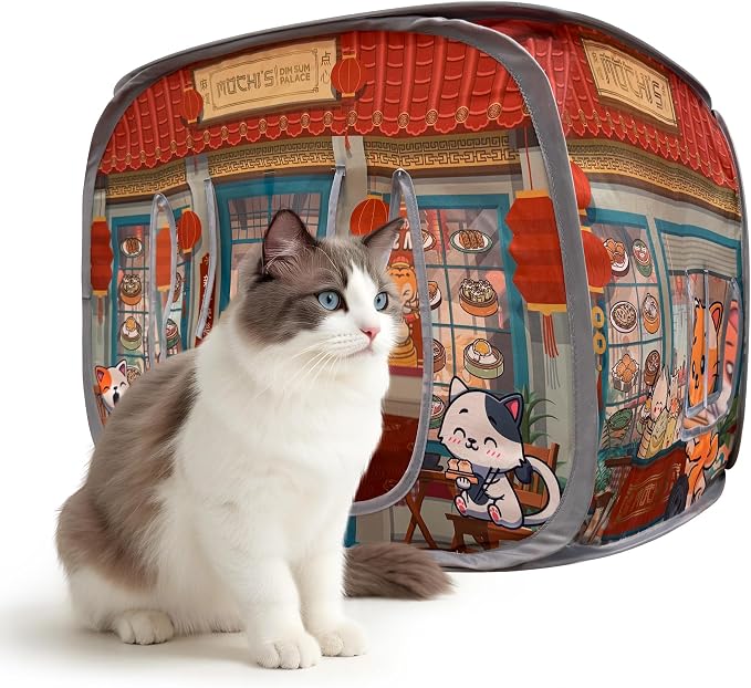 Cat House & Tent for Indoor Cats – Pop-Up Cat Tent House with Catnip Toy, Restaurant Theme for Cats & Kittens, Mochi’s Dim Sum Palace