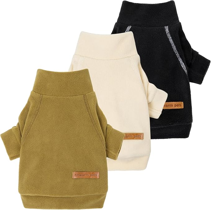 Fitwarm 3 Pack Classic Fleece Dog Sweater, Winter Clothes for Small Dogs Boy Girl, Turtleneck Dog Sweatshirt, Pet Pullover Jumper, Cat Apparel, Black, Olive Green, Cream, Medium
