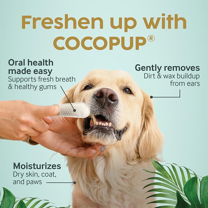 Cocopup Dog & Cat Dental Wipes, Coconut Oil Finger Toothbrush Cleaner | Coconut oil-infused finger wipes for dogs and cats; helps clean teeth, freshen breath, and wipe ears, nose, paws, and fur.