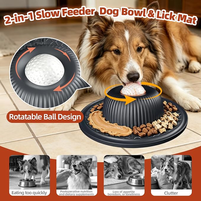 2-in-1 Dog Slow Feeder Bowl & Lick Mat with 2 Rotatable Balls, No-Slip Silicone Anxiety Relief Treat Mat for Dogs & Cats, Dishwasher Safe (Black)