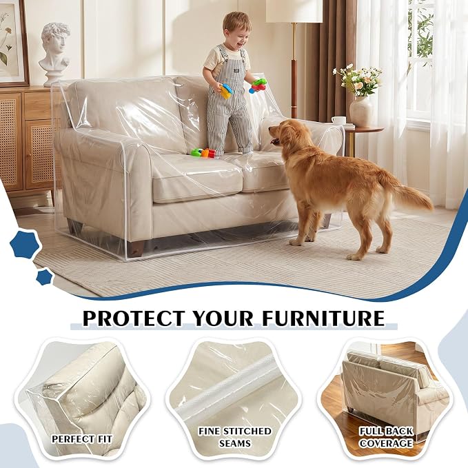TAOCOCO Plastic Couch Covers 68" W Heavy Duty Clear 2 Seat Sofa Covers, Thick Vinyl Loveseat Couch Cover for Dog & Cat, Waterproof & Dustproof Sofa Furniture Protector for Storage and Moving