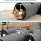 Ownpets Cactus Cat Tunnel 10" with Peek Holes for Indoor Large Cat, Grey | Durable Oxford fabric, noise-free, foldable & connectable, multi-cat friendly, tube for cats up to 20lb, includes ball & wand