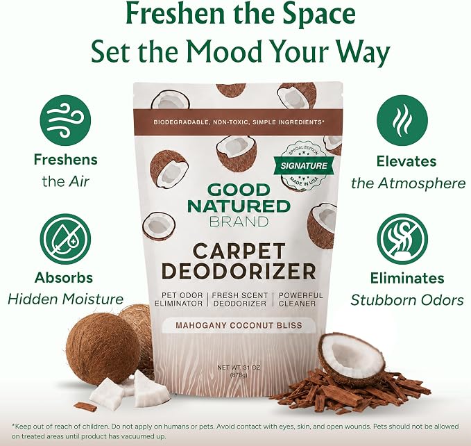 Good Natured Brand | Carpet Deodorizer & Freshener Powder | 31 oz Pet Odor Eliminator for Strong Odor & Pet Urine | Fresh Natural Mahogany Coconut Bliss Scent | Safe for Homes with Pets