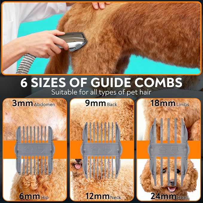 Pet Grooming Vacuum for Dogs & Cats, 12kPa Strong Suction, ≤50dB Quiet, 2L Dust Cup, 5-in-1 Grooming Kit with Ceramic Clippers, 6 Guide Combs, Vacuum for Shedding & Long-Haired Breeds