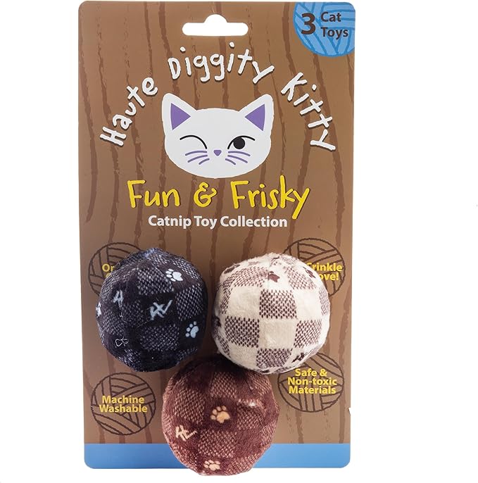 Haute Diggity Kitty Vuiton Checker Balls Set, Soft Plush Cat Toys | 3 Pack Catnip Toys with Interactive Crackle Sound, Safe & Durable Cat Nip Kicker Toy for Outdoor & Indoor Cats & Kitten
