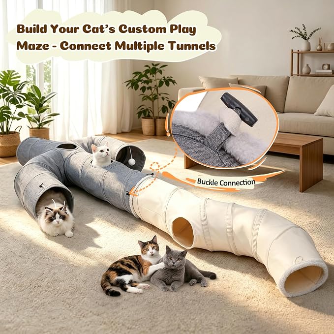 Ownpets S-Shape Cat Tunnel Toy 48"L x 12"D, for Cats, Puppies & Small Pets | Collapsible for storage, tear-resistant oxford fabric, connects to other tunnel, with peek hole, feather wand, indoor/outdoor