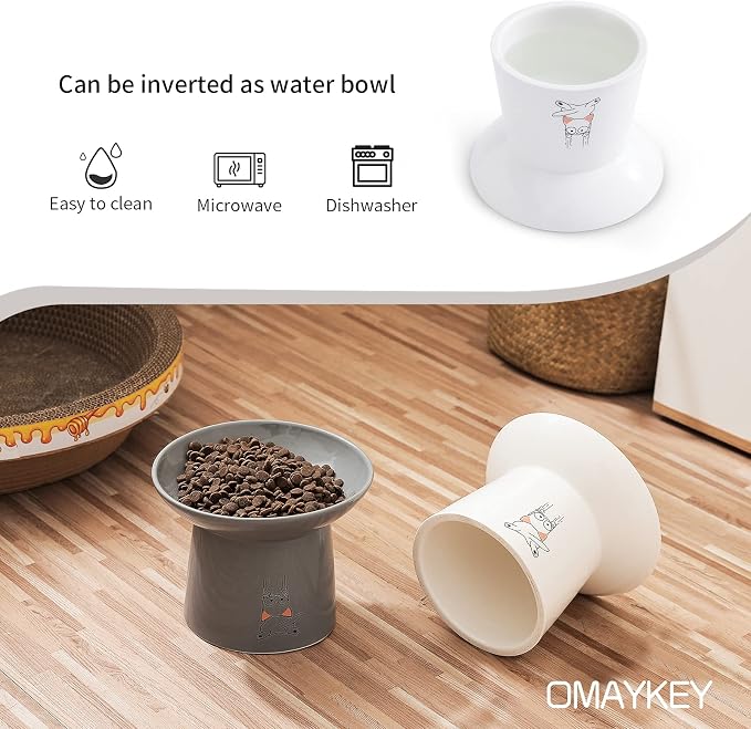 6.5 Inch Extra Wide Raised Cat Bowls, Elevated Cat Food Water Bowl Set | Ceramic, Prevent Neck, Whisker Fatigue, Anti Vomit, Dishes for Elder Big Cats & Small Dogs, White & Grey