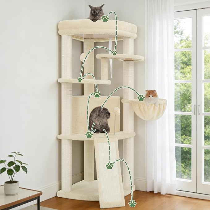 Gitelsnour Corner Cat Tree Tower with All Sisal Scratching Posts GCT025MU | 44.1" Cat Furniture with Multi-level Cat Condo, Cat Cave, Hanging Basket, Sisal Scratching Ramp for Indoor Cats, Beige
