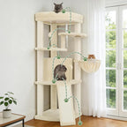 Gitelsnour Corner Cat Tree Tower with All Sisal Scratching Posts GCT025MU | 44.1" Cat Furniture with Multi-level Cat Condo, Cat Cave, Hanging Basket, Sisal Scratching Ramp for Indoor Cats, Beige