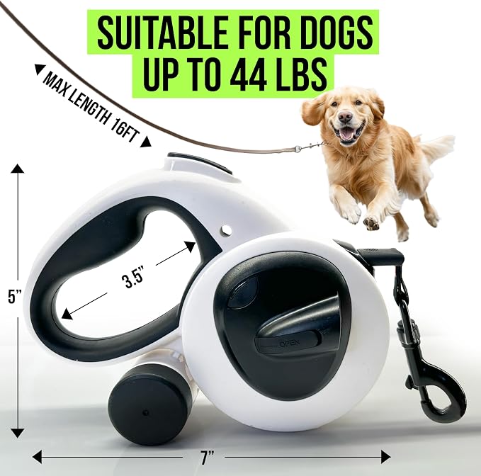 AVANTO Retractable Dog Leash with Flashlight, 16ft Heavy Duty LED Night Safety Leash for Dogs up to 110lbs – 360° Tangle-Free, USB Rechargeable Light, Waste Bag Dispenser, One-Hand Brake & Lock