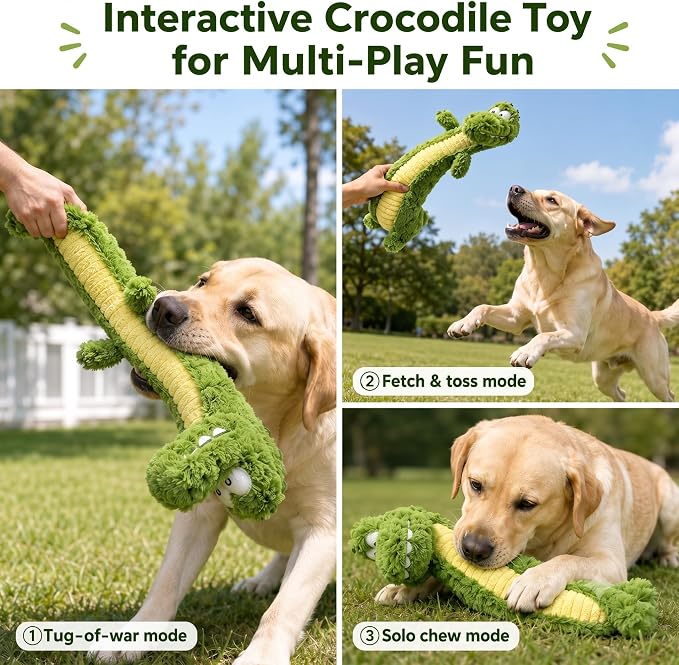 Squeaky Dog Plush Chew Toy, Interactive Tug Squeaky Toy for Chewers, Medium & Large Dogs & Fetch Play, 18.5 In Stuffed Long-Neck Crocodile Toy with Soft Plush Body for Gentle Gum Care & Boredom Relief