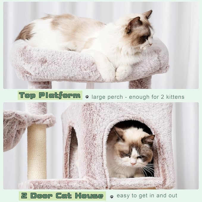 Gitelsnour Cat Tree, 43.3'' Cat Tower with Hammock for Kittens GCT004SMU | Cat Condo House for Small Indoor Cats, Basket, Scratching Post, Large Platform, Sturdy Steel Tube, Sisal Rope, Mushroom