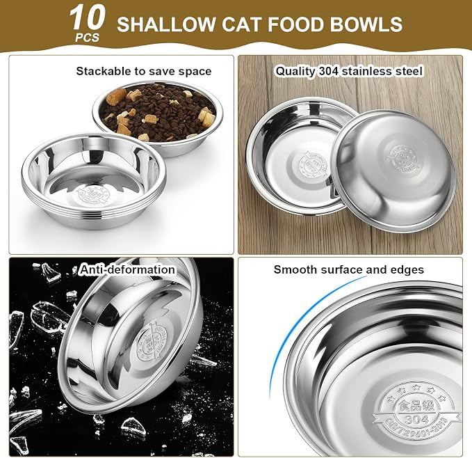 10 Pcs Stainless Steel Cat Bowls, 6.3 Inches Friendly Shallow Cat Food Bowls Replacement Fatigue Relief for Elevated Stand Metal Dishes Basic for Dishwasher Safe
