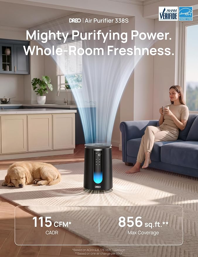 DREO Smart HEPA Air Purifier for Home, AHAM VERIFIDE Air Cleaner for Bedroom, Pets, Smoke, Dust, Pollen & Odors, Wi-Fi/Voice/Alexa, PM2.5 Monitor, Auto, Turbo, Quiet Sleep Mode, DR-HAP008S (Dreo 338S)