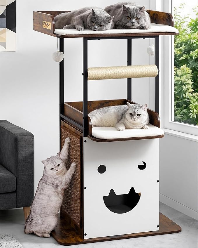 48in Wood Modern Cat Tree for Large Indoor Cats with Big Perch Bed | Multi-Level Climbing Design, Cat Cando, Sisal Scratching Posts and Board, Removable Washable Pads, Stable Rustic Brown