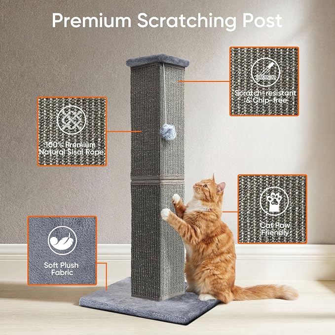 Cat Scratching Post for Indoor Cat, 32 Inch Large Cat Scratcher | Sisal Cat Scratcher with Sturdy Base for Cat Adults, Cat Scratch Post with Vertical Stretch Space, Dark Grey