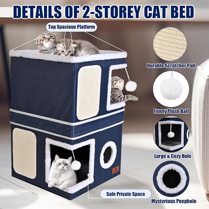 2-Story Cat House for Indoor Cats, Dual-Purpose Cat Cave Bed with Scratch Pad and Fluffy Ball, Foldable Cat Hideaway, Cute Cat Condo Furniture for Multi Small Pet Kitten, Blue