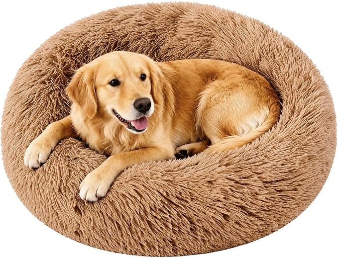 Large Calming Donut Dog Bed for Large Dogs, Ultra Soft Fluffy Anti Anxiety Pet Bed, Plush Round Washable Dog Bed with Raised Rim for Golden Retriever, Husky, Labrador & Indoor (Khaki, 36 Inch)