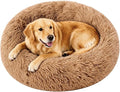 Large Calming Donut Dog Bed for Large Dogs, Ultra Soft Fluffy Anti Anxiety Pet Bed, Plush Round Washable Dog Bed with Raised Rim for Golden Retriever, Husky, Labrador & Indoor (Khaki, 36 Inch)