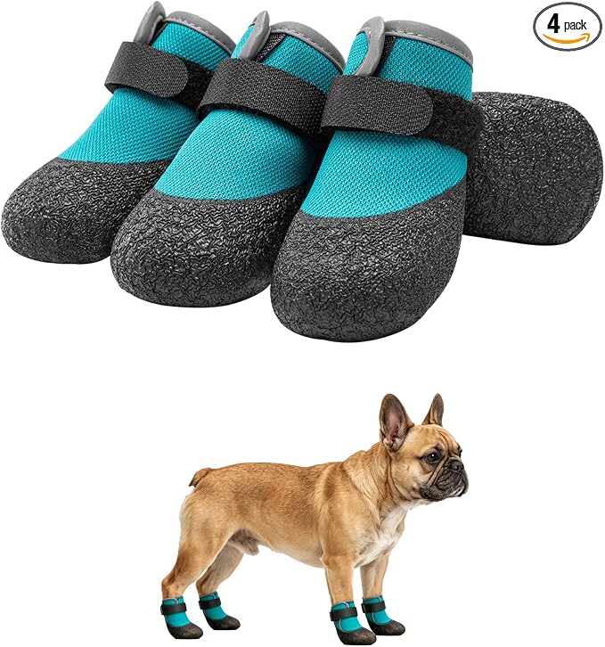 Dog Shoes for Hot Pavement - Breathable Mesh Dog Booties with Flexible Rubber Sole, Non-Slip Paw Protectors for Summer Heat & Slick Rain, for Goldens, Labradors, 4Pcs Blue-Black