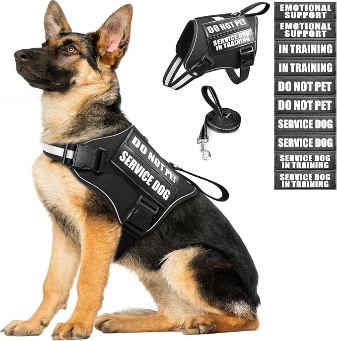 Service Dog Vest Harness and Leash Set+10 Patches,No Pull&Easy Walk Reflective Dog Harness with Soft Padded Handle for Training/Everyday,Fit Small/Medium/Large/Extra-Large Dogs(Black XL) | No Pull&Adjustable Reflective Dog Harness Large Sized,Dog Leash...