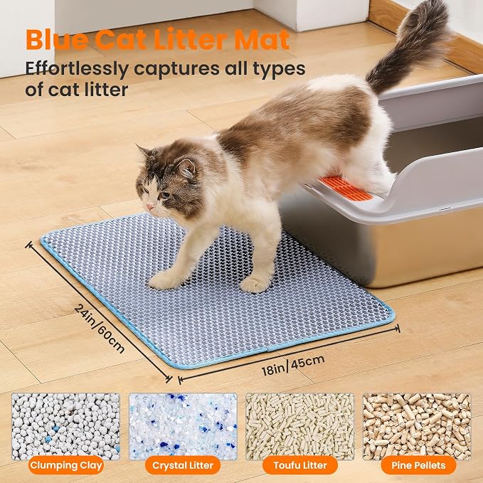 Cat Litter Mat, Double Layer Honeycomb Litter Box Mat | 24x18”, Efficient Litter Trapping, Easy to Clean, Waterproof, Non-Slip, Soft on Paws, Scratch Resistant, Blue, Large