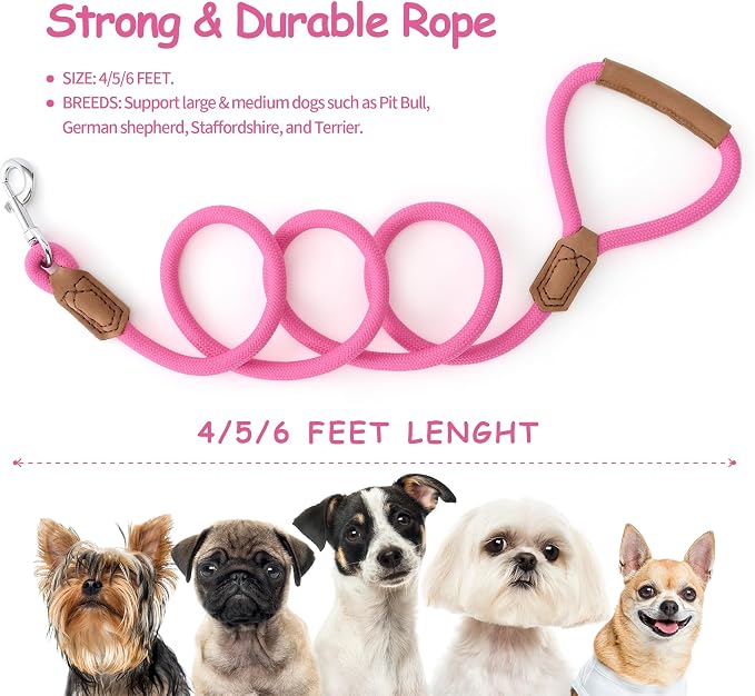 Mile High Life Dog Leash with Genuine Leather Handle, 6 FT/5 FT/4 FT | Leather Grip Rope Leash, Heavy Duty 360° Swivel Metal Clasp, for Small Medium & Large Dogs