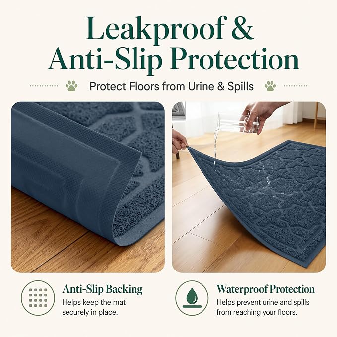 Yimobra Cat Litter Mat, Easy Clean Trapping PVC Mat, 47" x 36", Waterproof Backing, Non Slip Bottom, Scatter Control Pad for Litter Box, Dark Blue