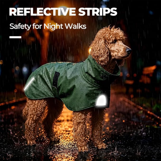 PU Dog Raincoat, Non-Toxic & Odorless Waterproof Vest, Adjustable High Collar and Hook & Loop Belly Closure for Rainy Potty Breaks & Wet Weather Outdoor Walks (Olive Green, X-Large)