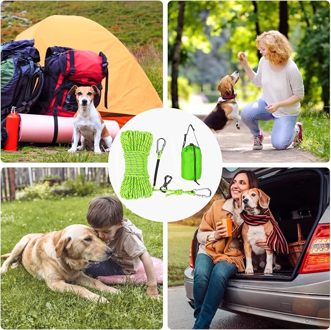 XiaZ Dog Tie Out Cable for Camping, 50FT Portable Overhead Trolley System for Dogs up to 300lbs，Dog Lead for Yard, Camping, Parks, Outdoor Events,5 min Set-up, Green