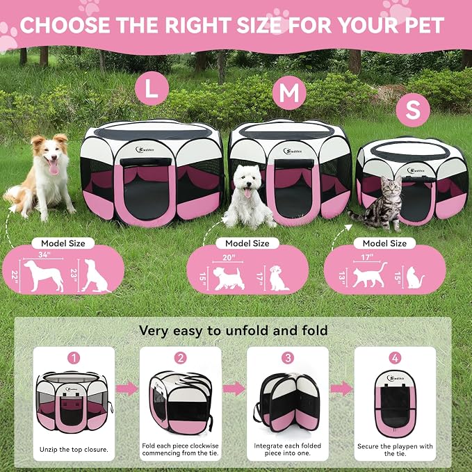 Sieidihit Dog Cat Pet Playpen Puppy Crate Cage Indoor Outdoor, Small Pink | Rest Zone for Recovering Pets New Pet Quarantine Room Portable Pop Up Easy to Set up lightweight dog Kennel with Carrying Bag
