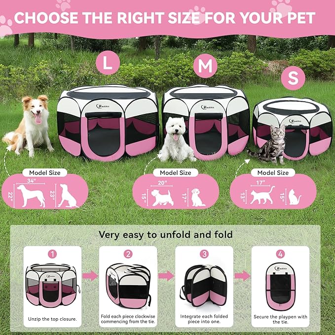 Sieidihit Dog Cat Pet Playpen Puppy Crate Cage Indoor Outdoor, Large Pink | Pet Nursing Enclosure Camping Rest Zone for Recovering Pets 600D waterproof polyester Oxford, Breathable double-layer mesh