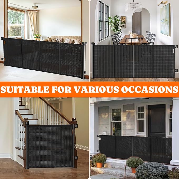 Pawtners Retractable Baby Gates Extra Wide, 41" Tall Extends up to 120" Wide, Dog Gate Indoor for Stairs, Pet Gate with Support Rods for Doorways Hallways Indoor & Outdoor-Black