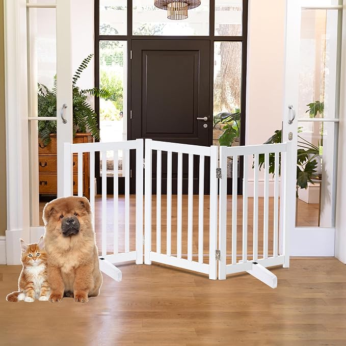 LZRS Freestanding Dog Gate 60" W x 30" H Solid Wooden Pet Gate for Doorways, Stairs & Hallways, Expandable & Foldable with Support Feet，Indoor Use,White
