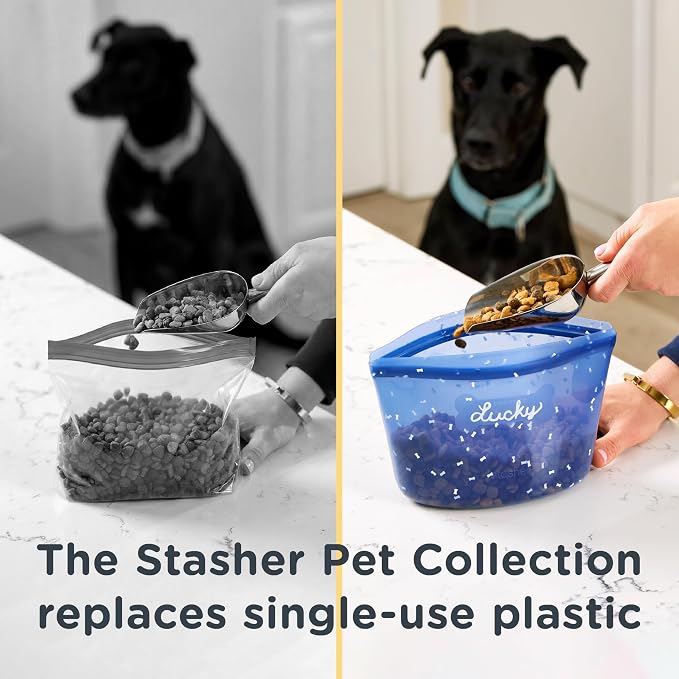 Stasher Dog Reusable Silicone Food Storage Essentials, 5 Piece Starter Kit | 4-Cup Dog Travel Bag, Treat Bag, and Dog Food Can Lids, Food Safe, Airtight Seal, Leak-Free, Freezer, Dishwasher, Pet Travel