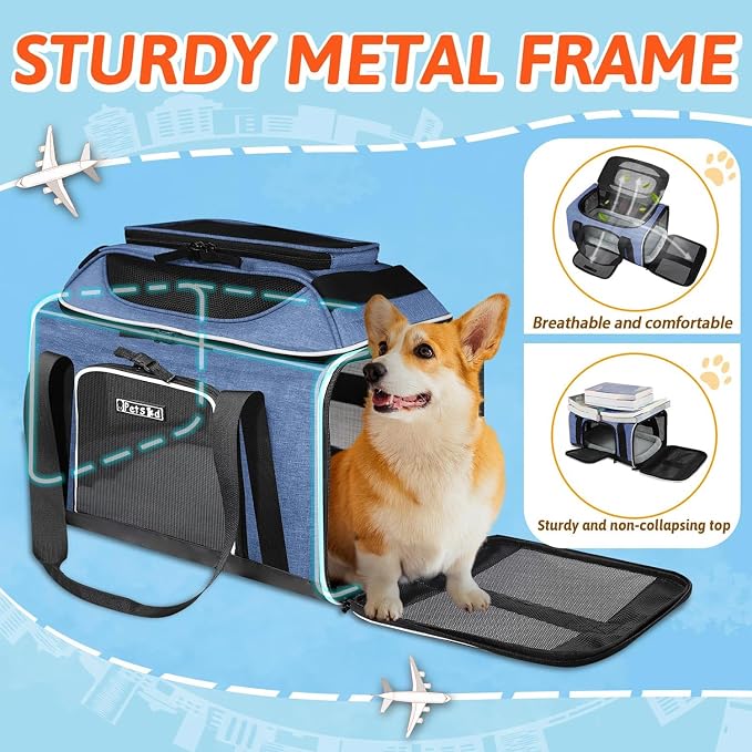 Petskd Top-Expandable Small Pet Carrier 18"x13"x9.5" Airline Approved | for Southwest Airlines, Lockable Safety Zippers and Anti-Scratch Mesh, Soft-Sided, Pets Under 10 Lbs, Blue