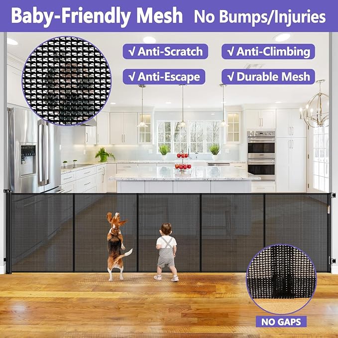 Reinforced 42" Tall Pet Gate 96" Wide Retractable Baby Gate, Indoor/Outdoor | Tall Retractable Dog Gate Prevents Crawling Under, One-Hand Operation Safety Lock, Scratch-Resistant Mesh, Easy Install/Black