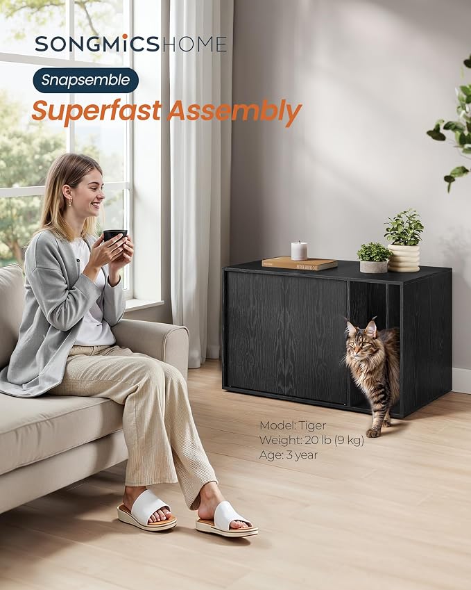 SONGMICS Home Cat Litter Box Enclosure, Particleboard Hidden Litter Furniture, Tool-Free Assembly, 31.5 x 19.7 x 19.7 Inch, Black Discreet Cat House, Kadin Collection UPCL013B03S