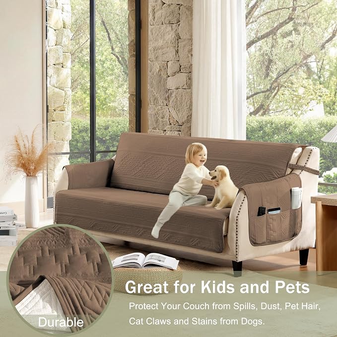 Toffee Quilted Recliner Covers, Waterproof Recliner Chair Covers, Lazy Boy Chair Covers, Pet Friendly Recliner Slipcover for Dogs Cats, Washable Furniture Protector (Recliner 22", Raw Umber)