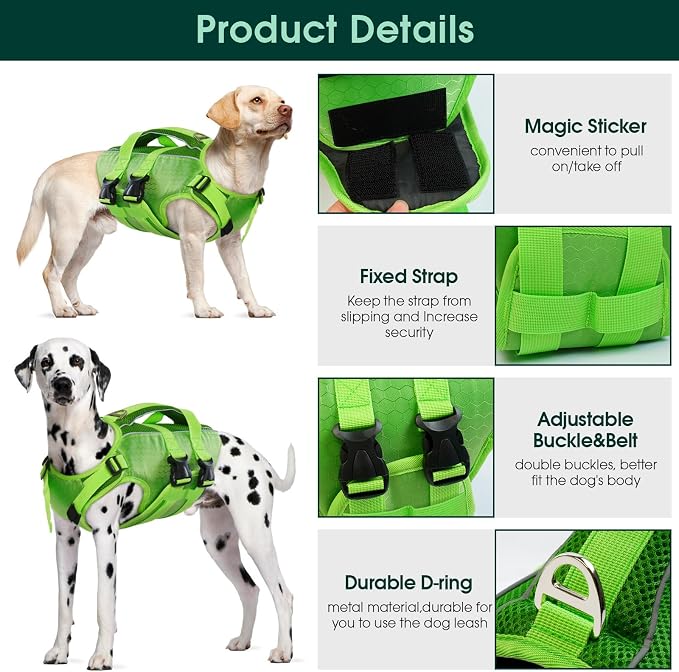 Kuoser Dog Life Jacket, High Flotation Reflective Dog Life Vest, Green, XL | Adjustable Dog Lifejackets for Small Medium Large Dogs, Lifevest with Rescue Handle for Swimming, Boating, Lake, Beach & Pool