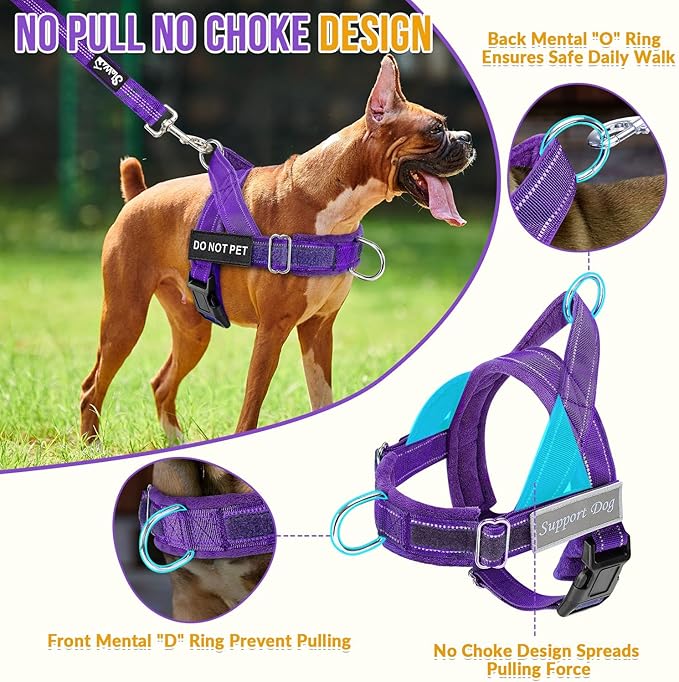 SlowTon No Pull Dog Harness - Heavy Duty Dog Harness and Leash Set for Medium Large Dogs, Reflective Tactical Harness with Soft Padded and Front Clip for Easy Walk and Training (Purple, L)