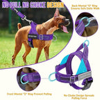 SlowTon No Pull Dog Harness - Heavy Duty Dog Harness and Leash Set for Medium Large Dogs, Reflective Tactical Harness with Soft Padded and Front Clip for Easy Walk and Training (Purple, L)