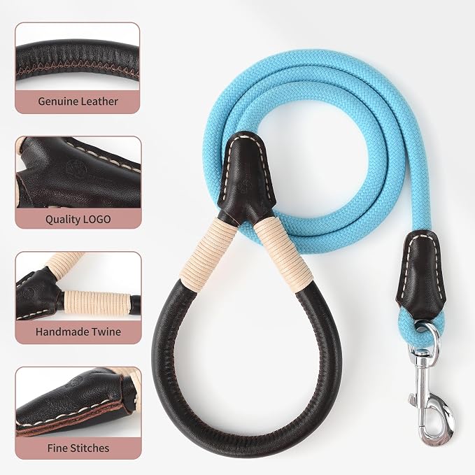 Mile High Life Dog Leash with Genuine Leather Handle, 4/5/6 FT | Comfortable Leather Grip Rope Leash, Heavy Duty 360° Swivel Metal Clasp, for Small Medium & Large Dogs (Blue Black, 48 Inch)