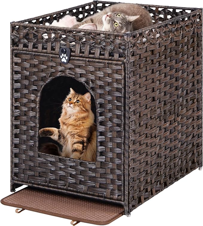 Snughome Cat Litter Box Enclosure Furniture Hidden with Litter Mat, Hidden Cat Washroom Furniture with Door, Handwoven Rattan Cat Washroom Box, Indoor Pet House for Living Room, Bedroom (Brown)