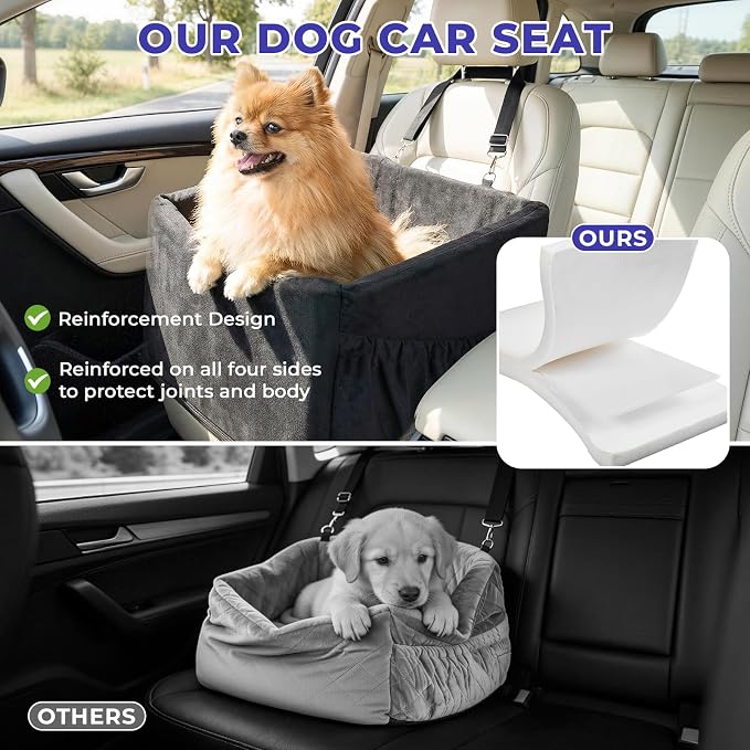 BurgeonNest Small Dog Car Booster Seat Bed Under 25 lbs (Black) | Fully detachable & washable travel bed with side storage pockets and clip-on safety leash for cozy, portable car trips.