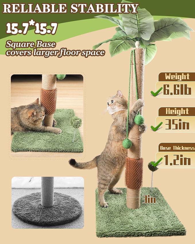 ANWA 35" Tall Cat Scratching Post for Kitten and Large Cats, Scratching Post for Indoor Cats with Self-Grooming Rubber Brush, Cat Sisal Post with Simulated Leaves