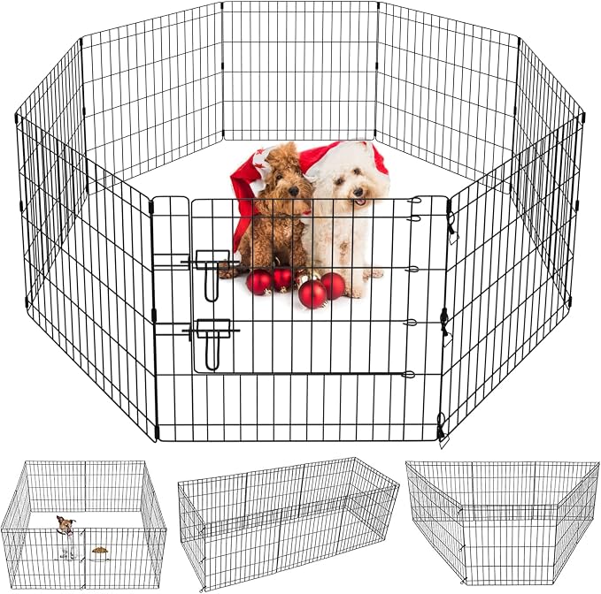 Puppy Pet Playpen 8 Panel 24 Inch Indoor Outdoor Metal Portable Folding Animal Exercise Dog Fence Ideal for Pet Animals Dog Cat Rabbit Breed Puppy (24" x 24" x 8) | Rustproof 8-panel metal playpen with door folds flat, sets up tool-free, and forms mult...