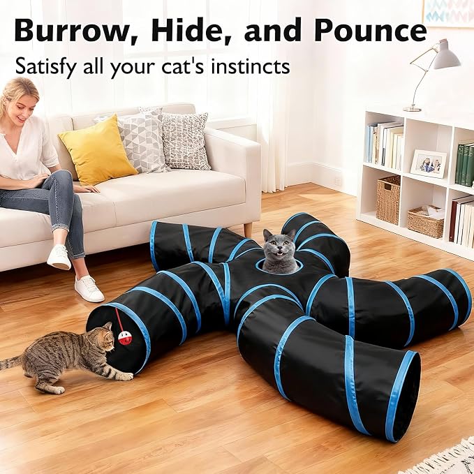 Joytale Cat Tunnel for Multiple Cats, 5-Way Indoor Tube Toy to Chase & Hide | Bell ball & Toy Mouse Included; Peekaboo Hole; Pops Open & Folds Into Zip Bag; Fits Cats to ~12 lb; Kittens & Rabbits Too