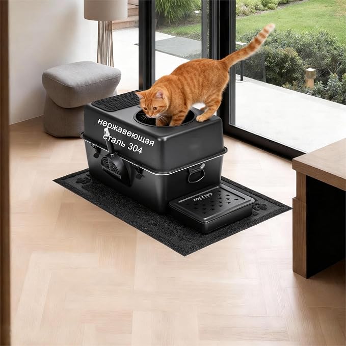 304 Stainless Steel Cat Litter Box, Fully Enclosed Leak-Proof & Rust-Proof Top-Entry XL Litter Box with Metal Scoop, Litter Mat, Side Clamps & Handles for Large Cats (Black, X-Large)