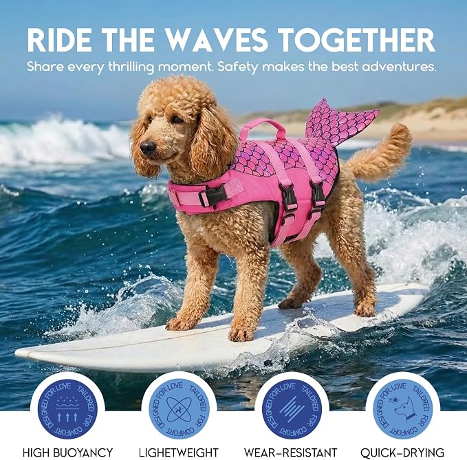 ASENKU Dog Life Jacket - Pet Safety Vest for Swimming & Boating, Shark Life Jacket with Floatation, Dog Lifesavers Swimsuits for Small Medium Large Dogs (Mermaid Pink, M)